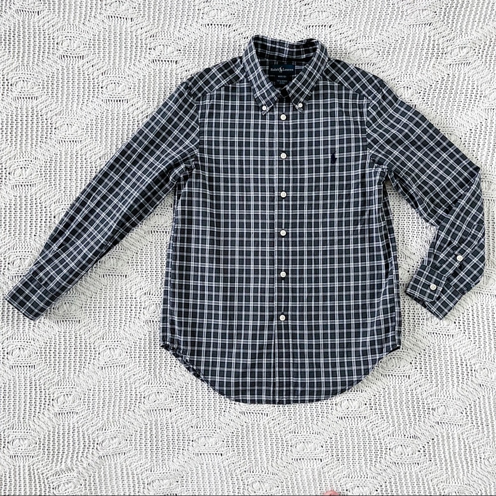 Ralph Lauren Navy, Green, and Cream Plaid Button Down Shirt Size 8-10 Medium